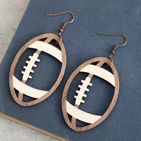 New- Creative Hollow Football Wooden Drop Dangle Earrings - Picture 2 of 5